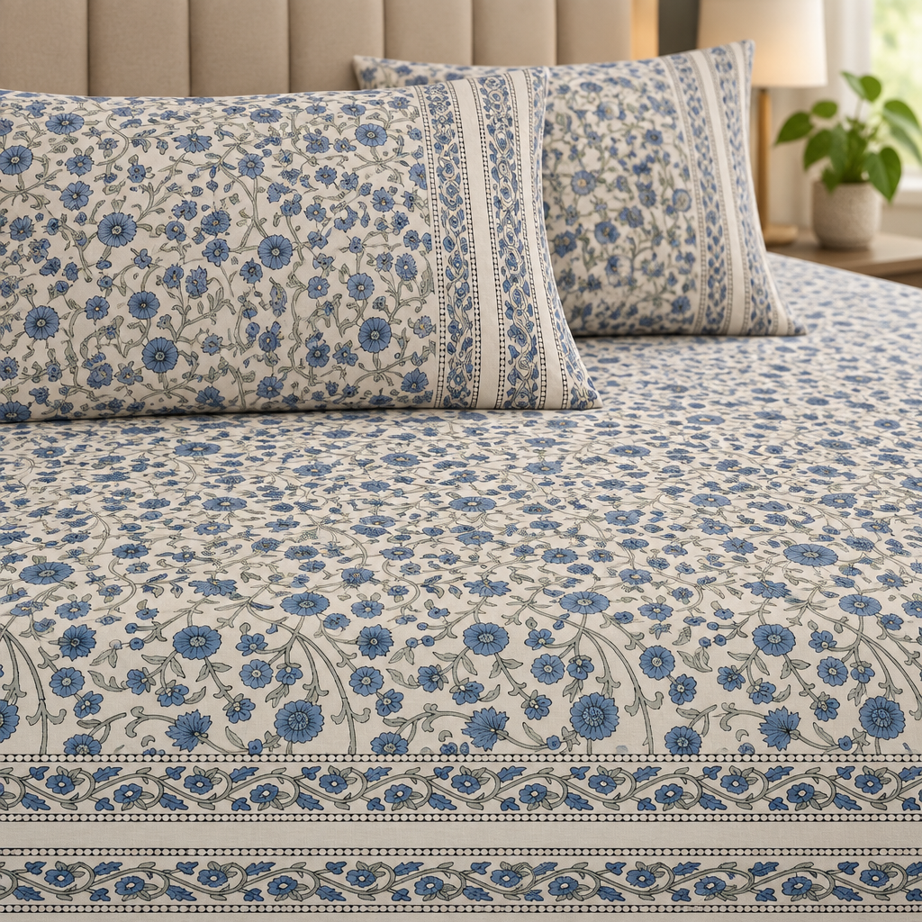 Neelu Cream and Blue cotton bedsheet, view 3