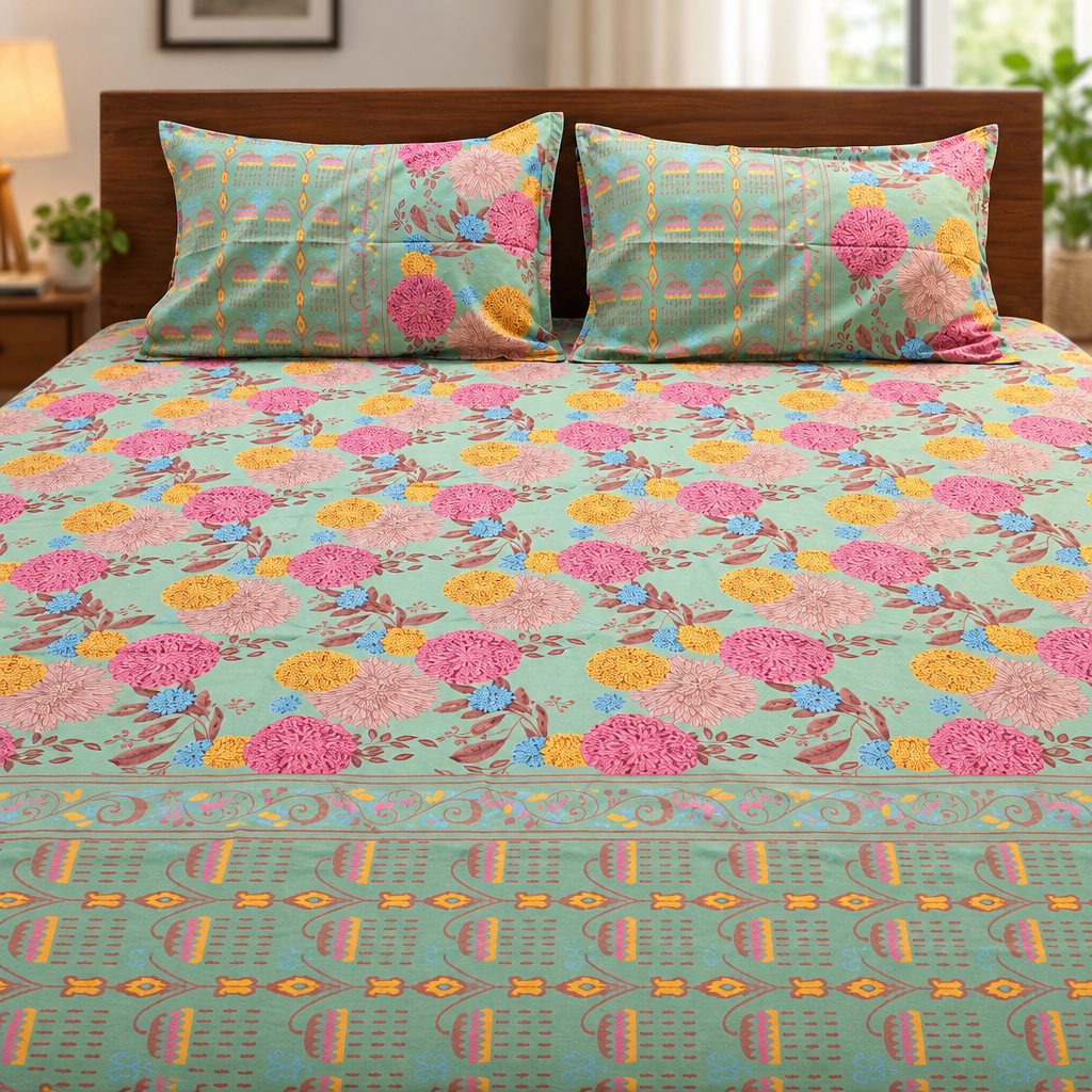Jhumki Aqua Floral Discharge Print Bedsheet