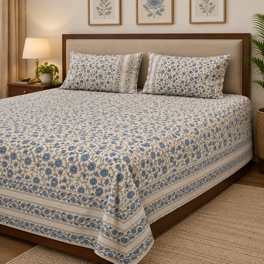 Neelu Cream and Blue cotton bedsheet, view 2