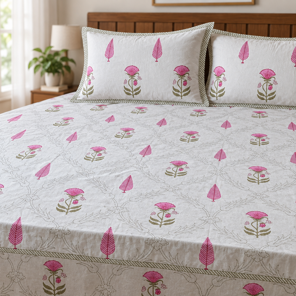 Pushpa Pink and Green cotton bedsheet, view 3