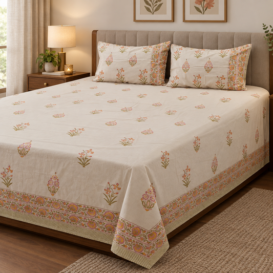 Sur Cream and Orange cotton bedsheet, view 2