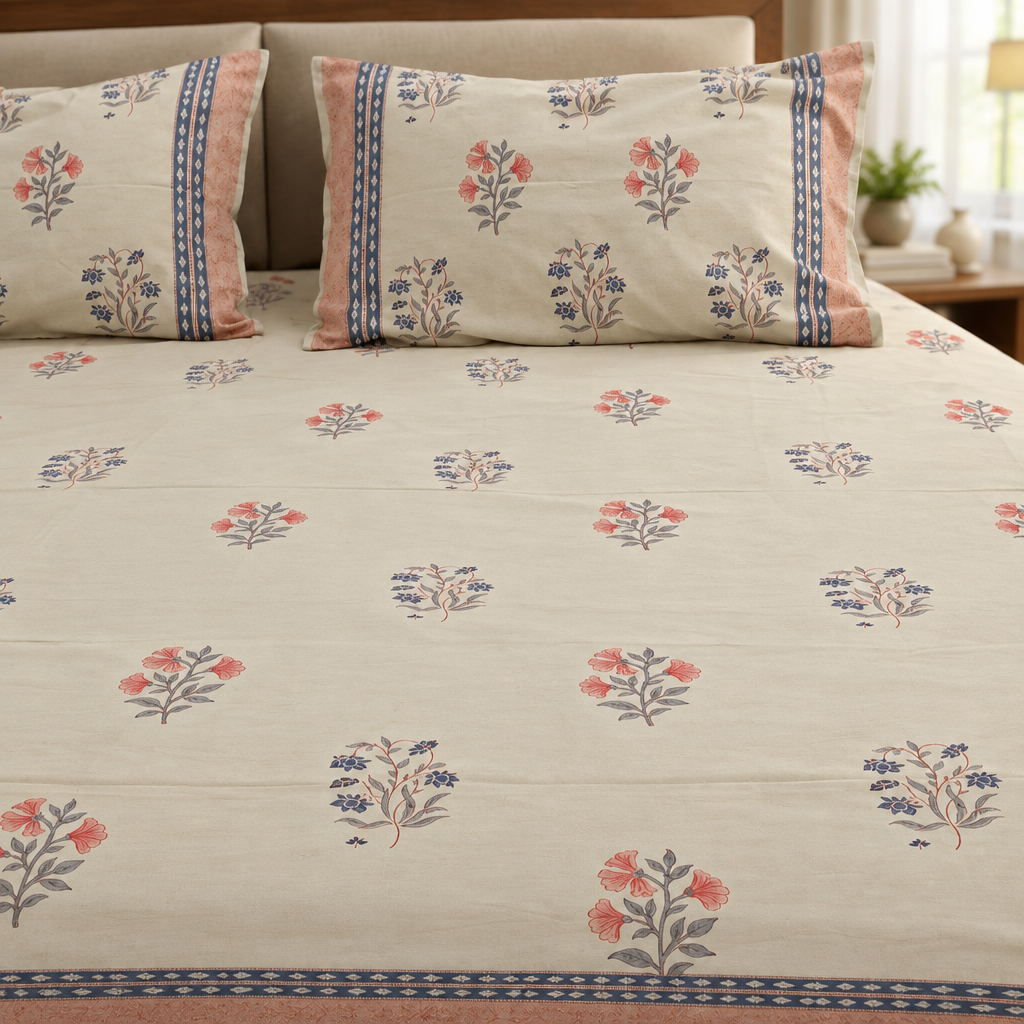 Sukh- Cream and Blue| Percale Cotton |Hand Block|SuperKing
