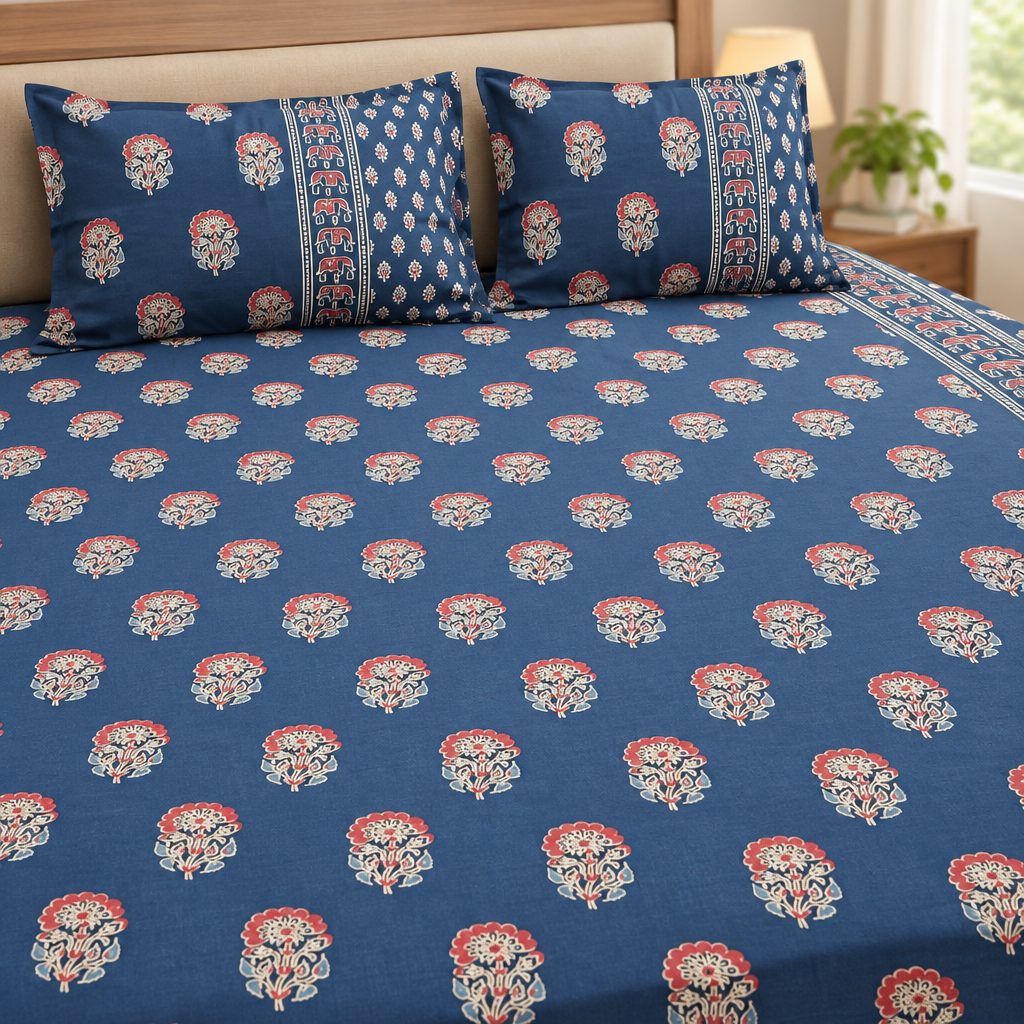 Rajwadi Blue Discharge Print Bedsheet, 108 × 108 Inches