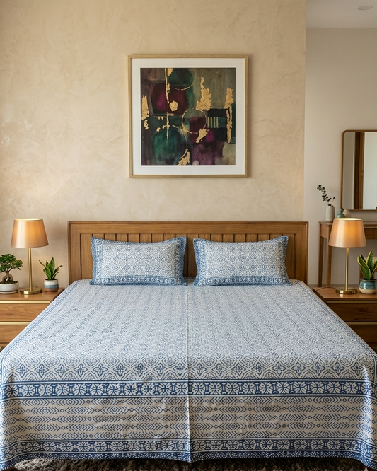 Blue and ivory geometric cotton bedsheet with matching pillow covers for king size bed