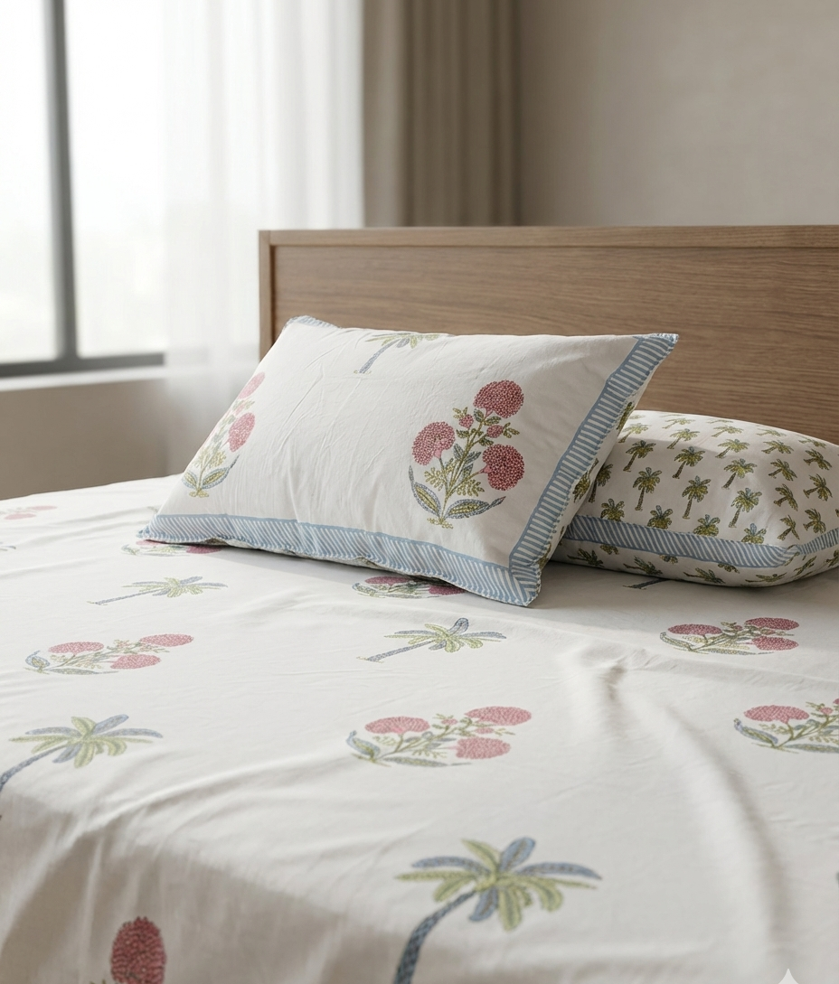 Tropical Print Bedsheet Set Pink