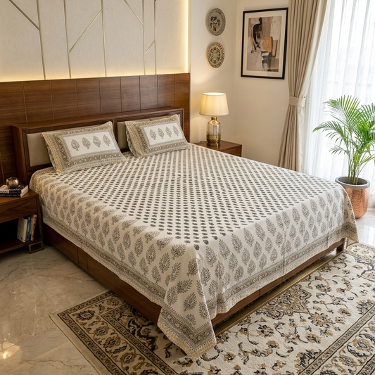 Phulwari Olive Green and Grey Booti cotton bedsheet, view 2