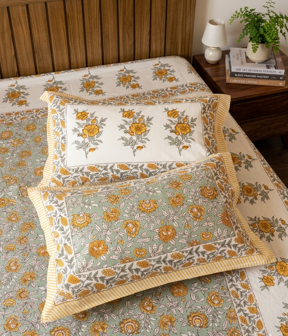 Bagiya - Green Sheet with Mustard Floral Jal