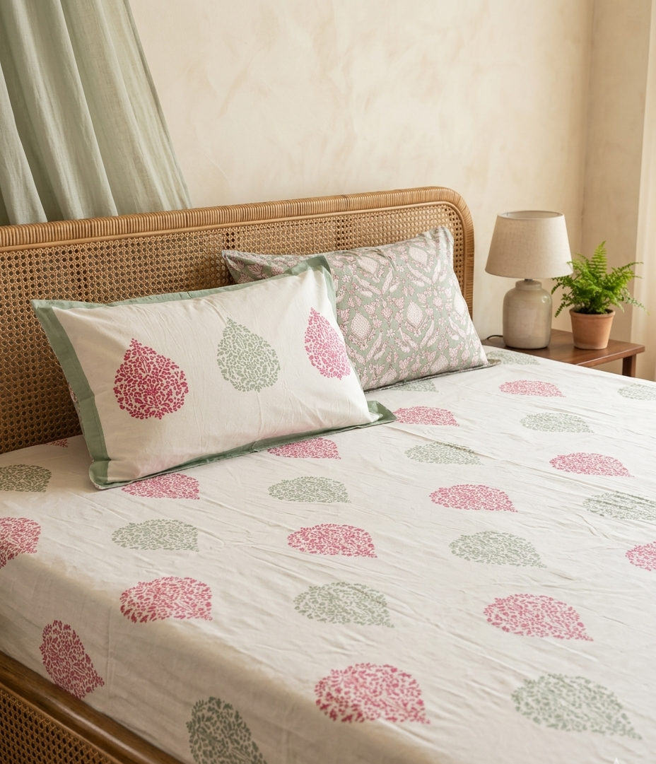 Bed with floral patterned bedding and pillows in a bedroom setting.