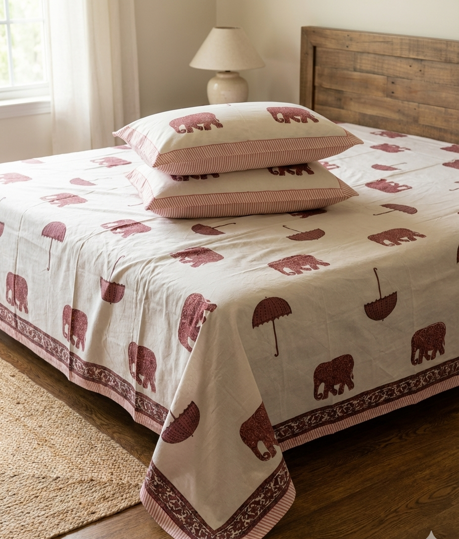 Bed with patterned bedding featuring bears and umbrellas, wooden headboard, and lamp.