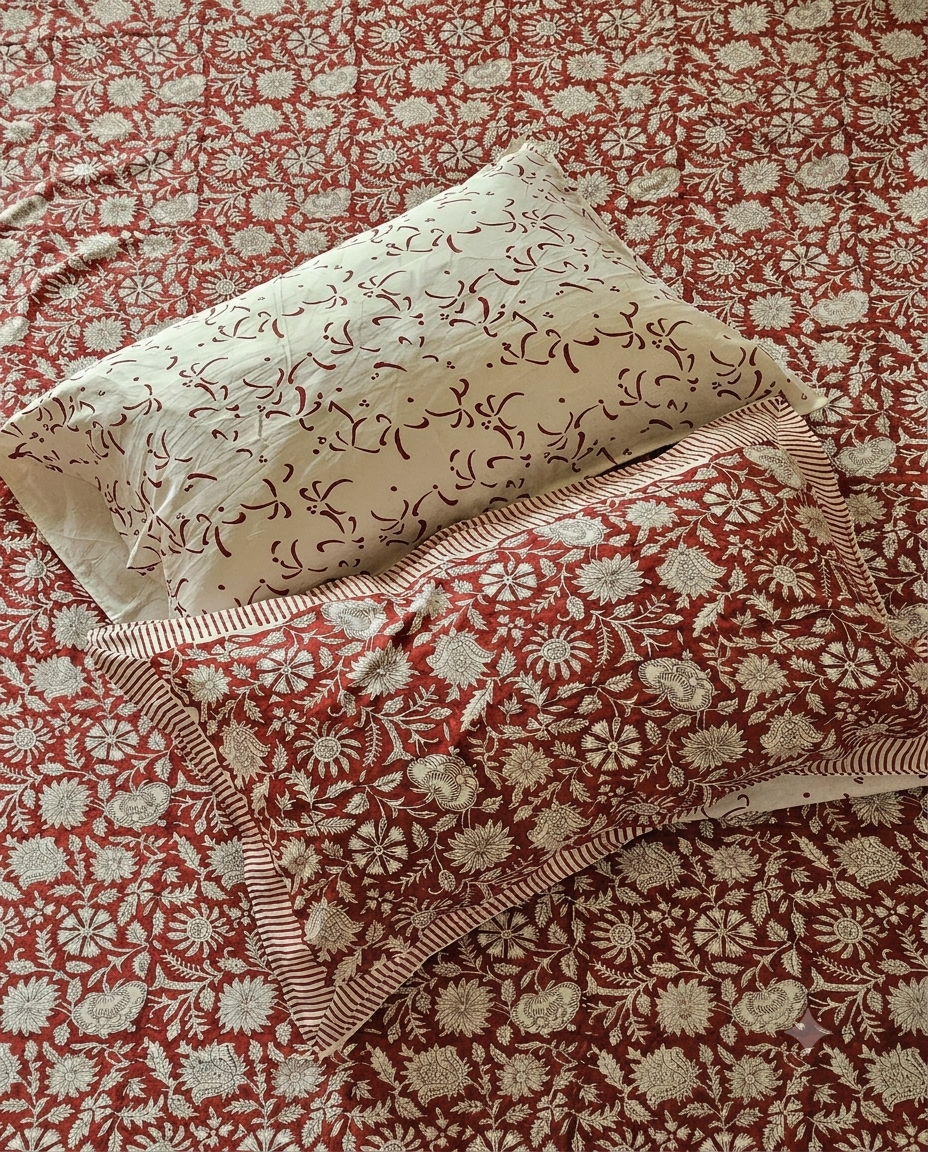 Matching pillow covers and decorative border detail of the Kalakriti Red Floral Arka Luxe Cotton Super King bedsheet