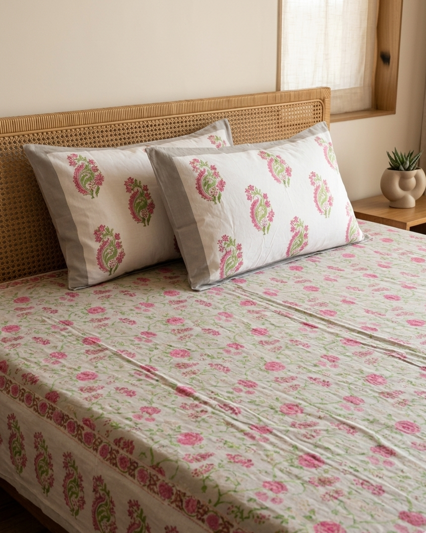 King size everyday cotton bedsheet featuring handblock-inspired grey and pink floral jaal print