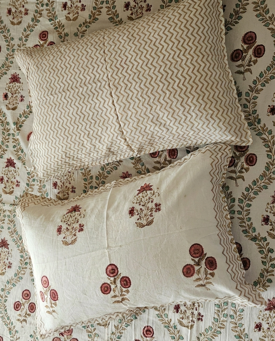 Udaan Super King Arka Luxe Cotton bedsheet with red floral handblock-inspired print and matching pillow covers