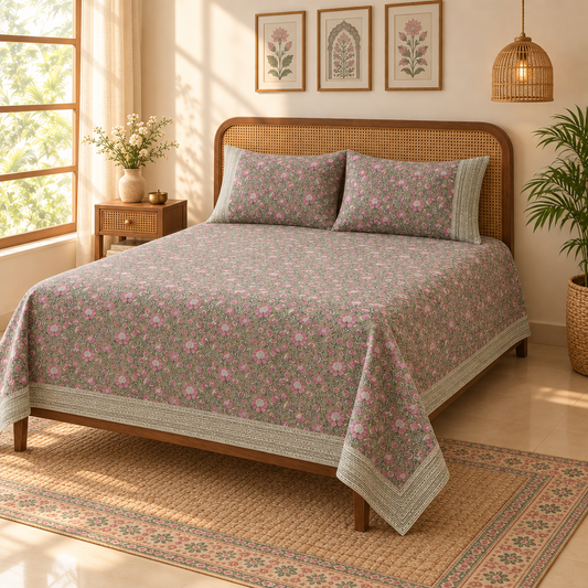 Pushanjali Olive Green and Pink cotton bedsheet, view 2