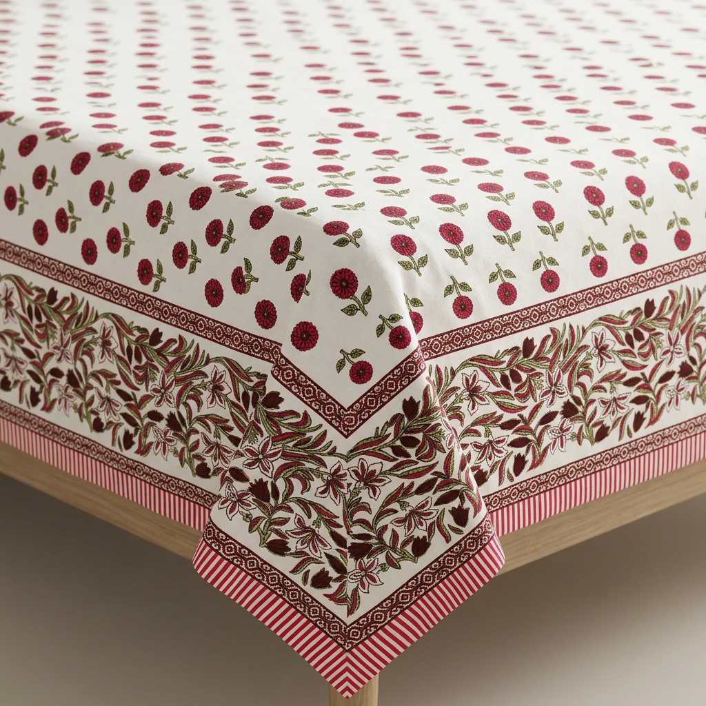Close-up of bedsheet print and border