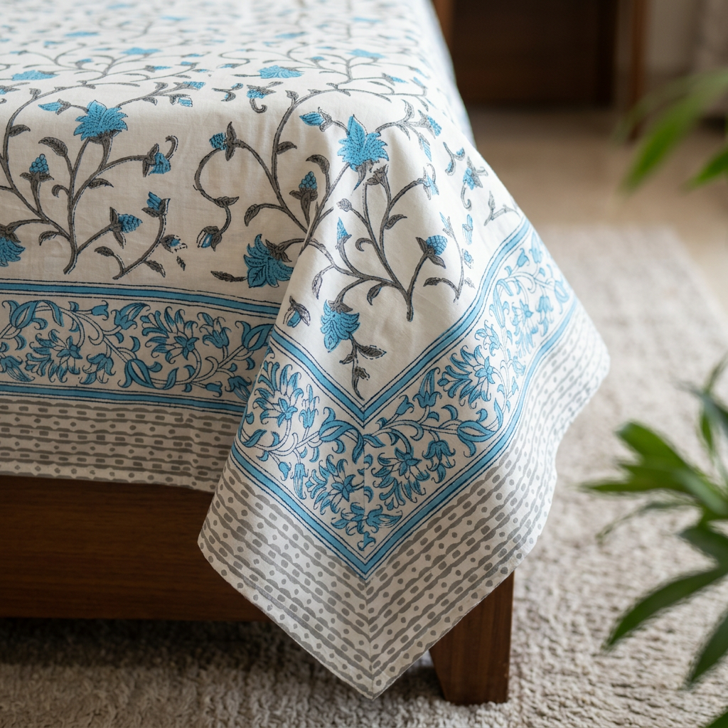 Close-up of the bedsheet’s floral print and decorative border