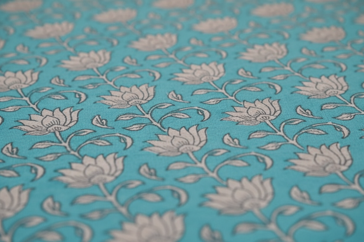 Close-up Print Detail - Teal Floral Block Print