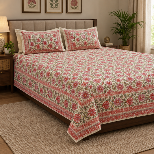 Raag Cream and Pink cotton bedsheet, view 2