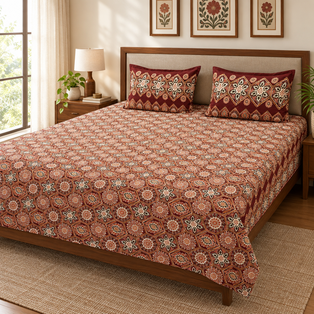 kalam -maroon |Discharge print Bedsheet | Super king size