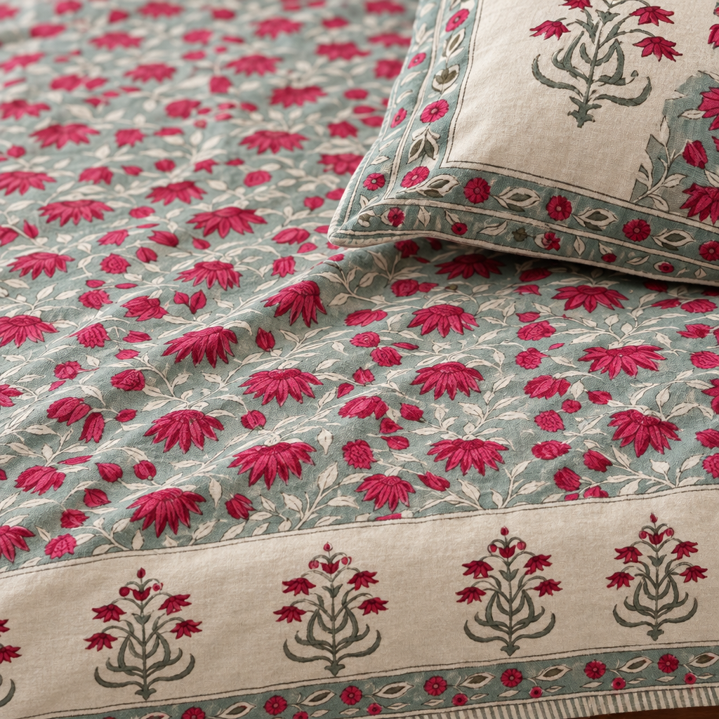Parag - Pink and Blue Hand Block Look Cotton Bedsheet | King Size