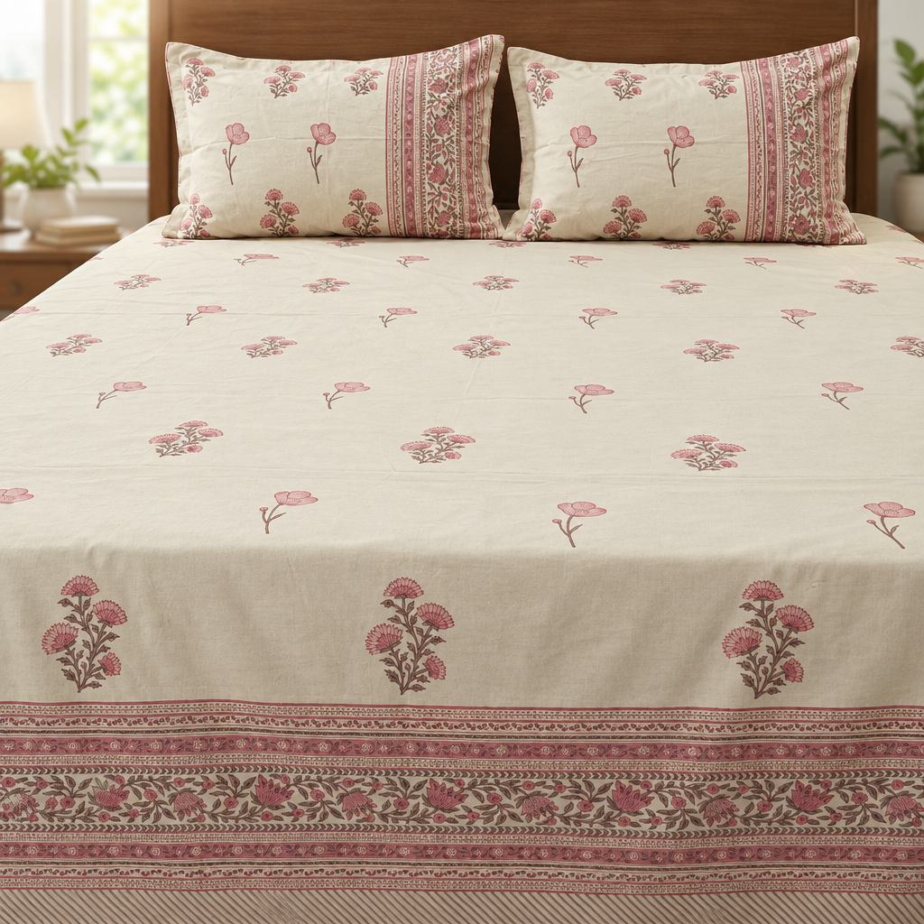 Kala - Pink | Percale Cotton Bedsheet | 400Tc | Hand Block