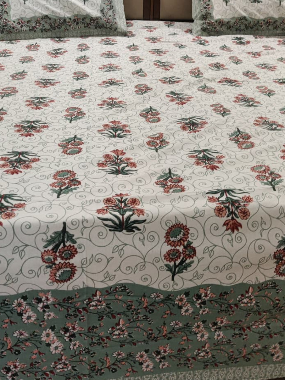 Dhoop Sage Green Floral cotton bedsheet, view 3