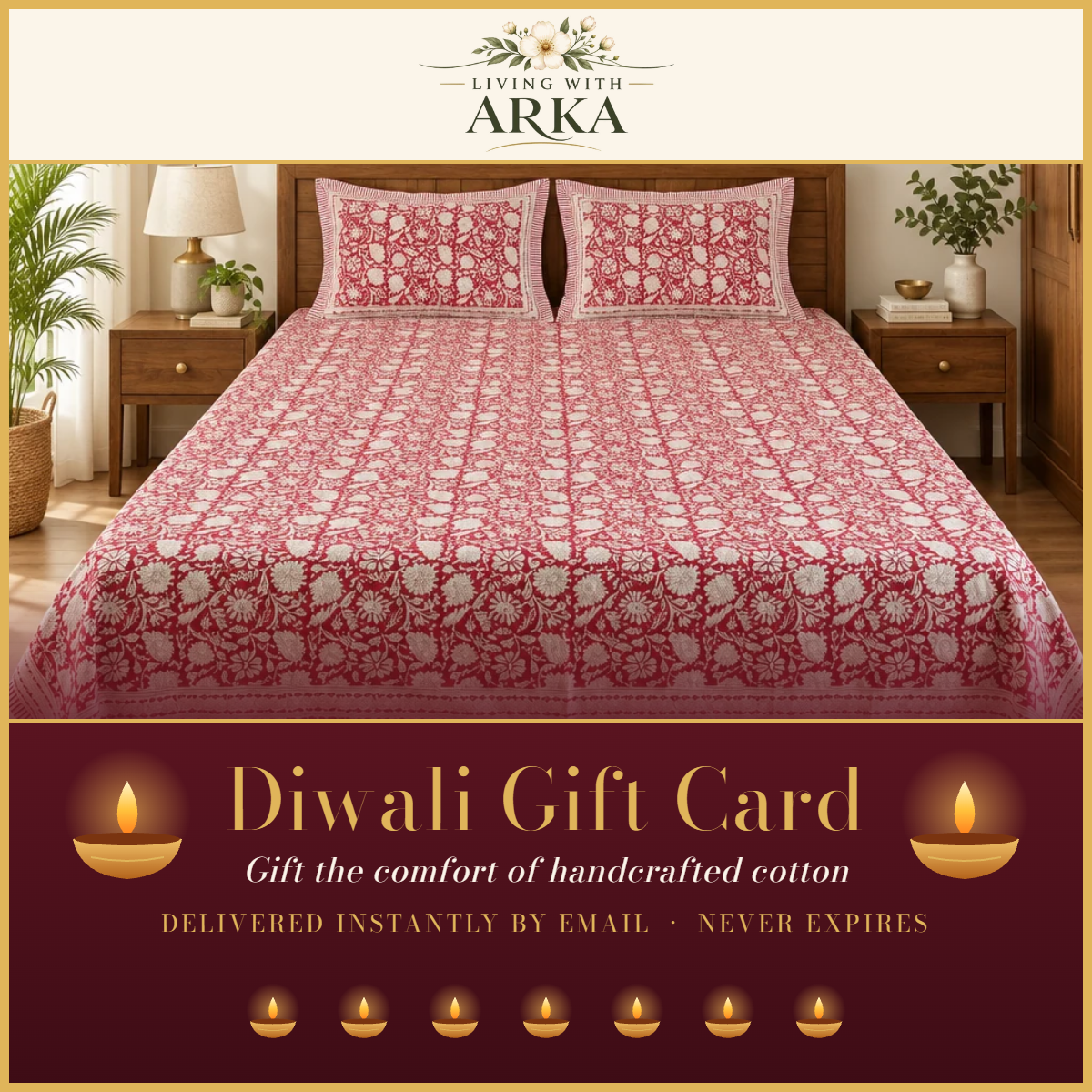 Living With Arka Diwali Gift Card with festive diyas and a red Kalakriti floral bedsheet