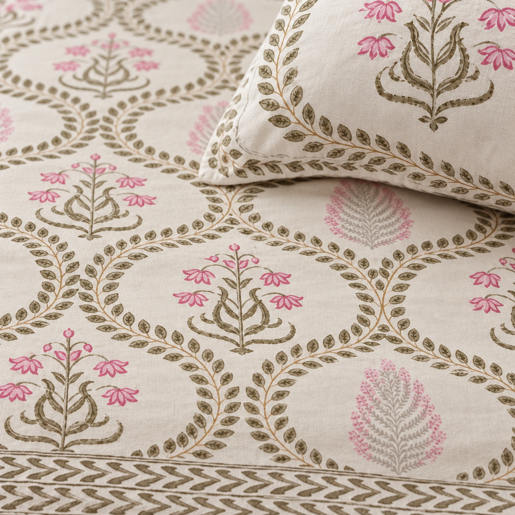Suhani - Green and Pink Hand Block Look Cotton Bedsheet | King Size