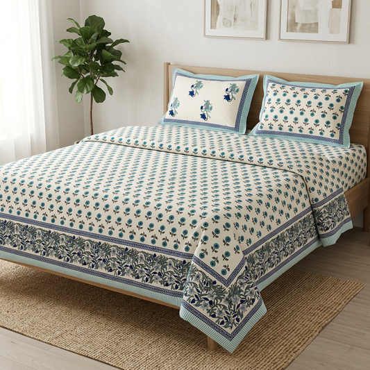 Elevated front-right view of blue floral bedding