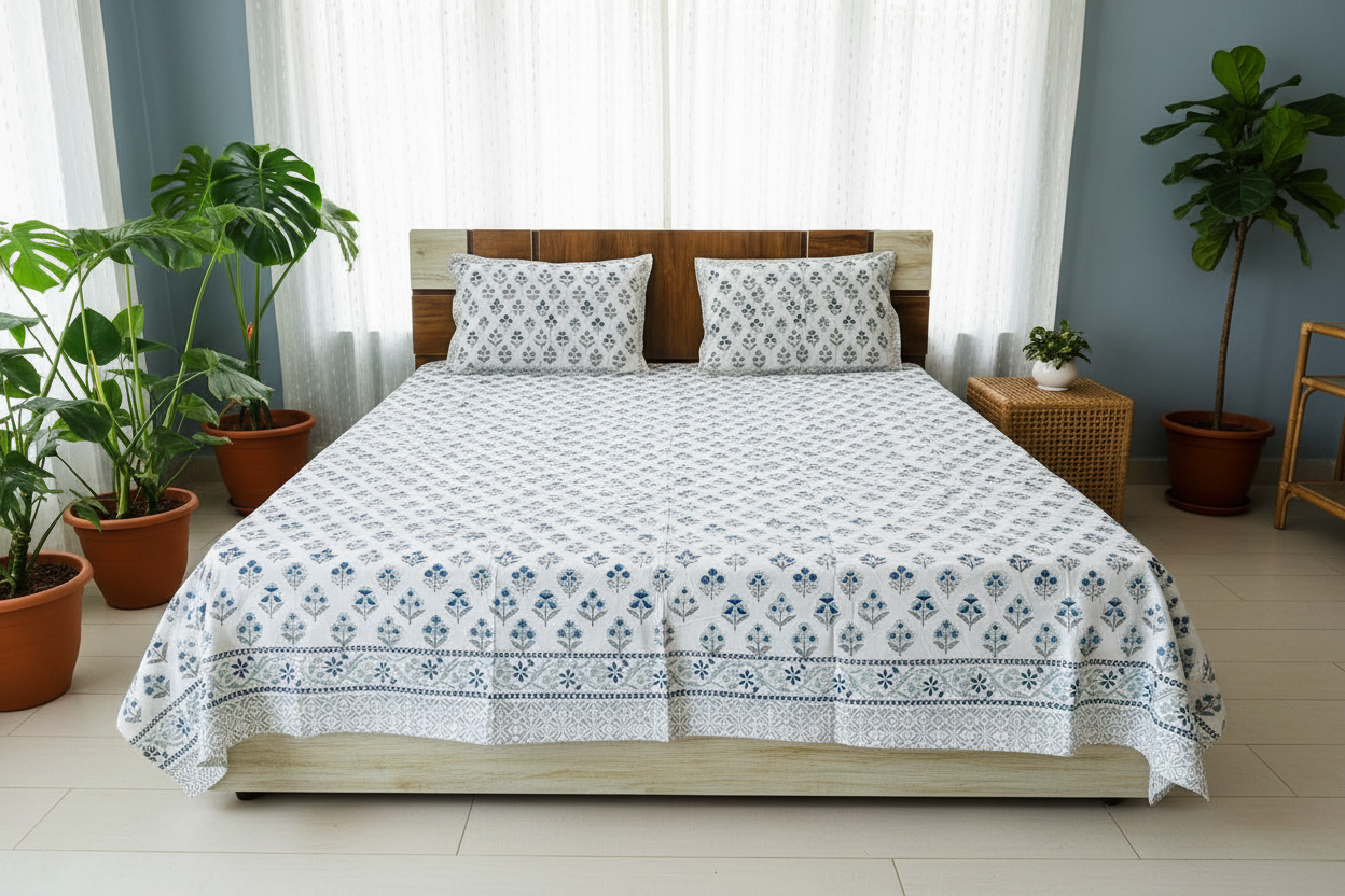 Front View Airy Blue Room with Plants - Blue Floral Block Print Bedsheet