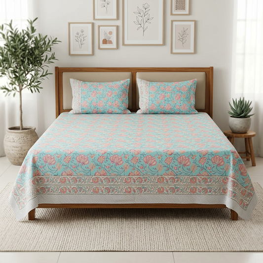 Front view of the Savera Blue bedsheet on an elegant bed
