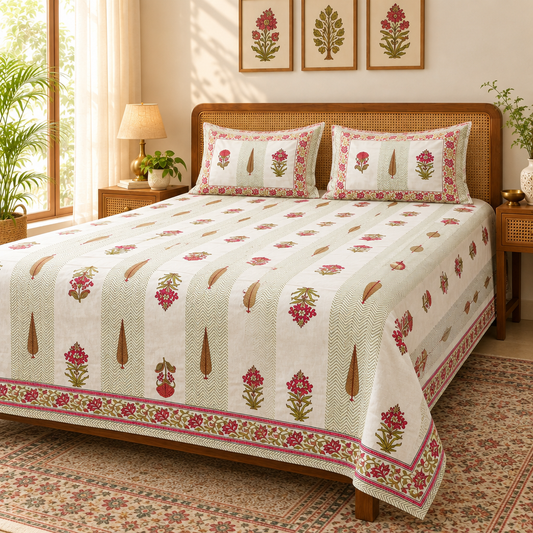 Tarang Pink and Green cotton bedsheet, view 2