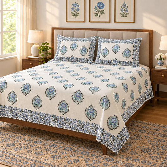 Gulab Blue bedsheet side view with four-sided pillow border