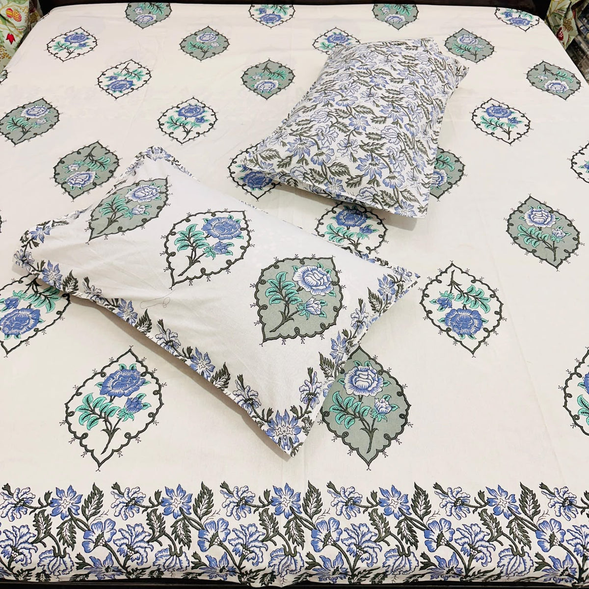 Gulab-Blue | Cotton Bedsheet set |Super King Size