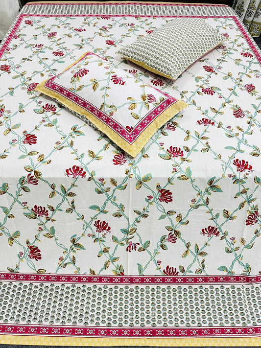 Gulmoohar White, Red and Green cotton bedsheet, view 2