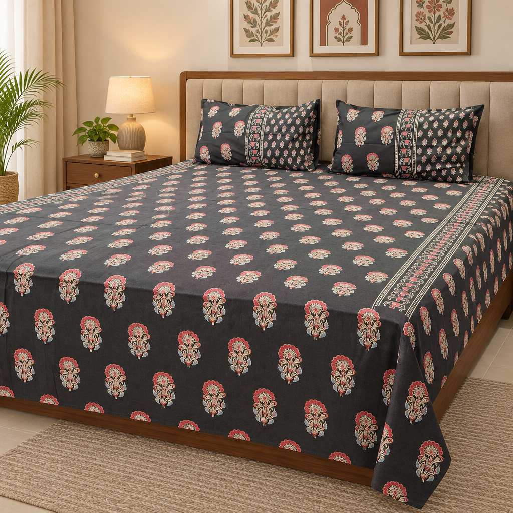 Side view of Rajwadi charcoal-black floral printed bedsheet with matching pillow covers