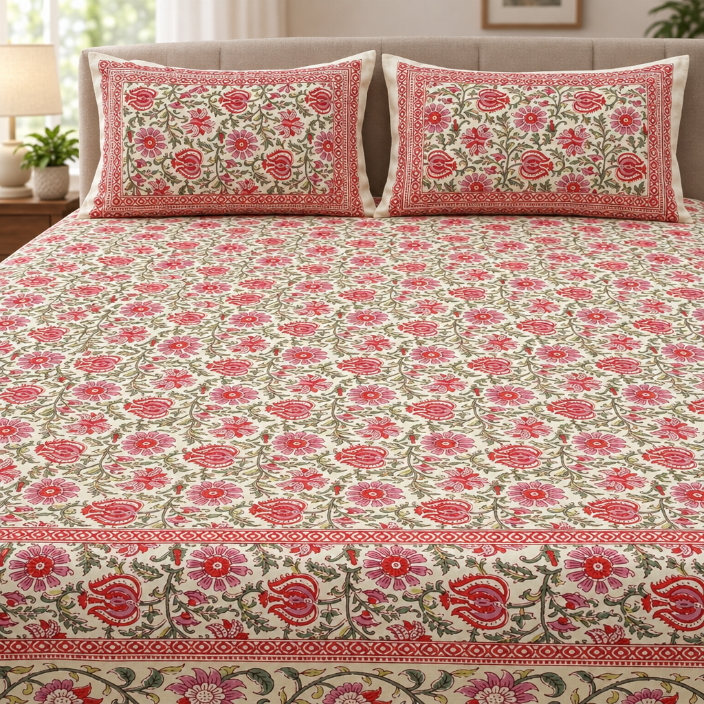 Close-up of cream floral paisley printed bedsheet, decorative borders, lower panels, and matching pillow covers