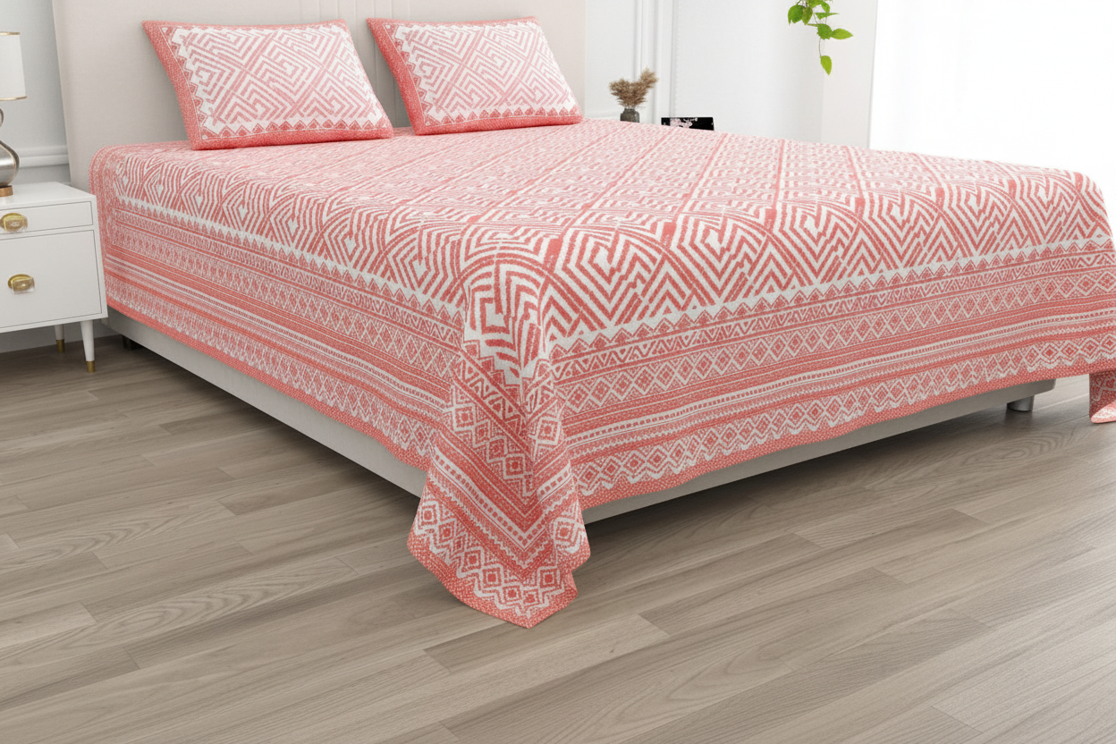 Jaamiti | Peach & White Everyday 100% Cotton Bedsheet | Super King Size