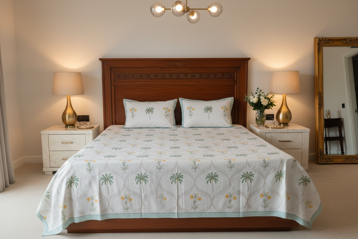 Mughal Kali - Palm Tree and Yellow Flower Everyday Cotton Bedsheet