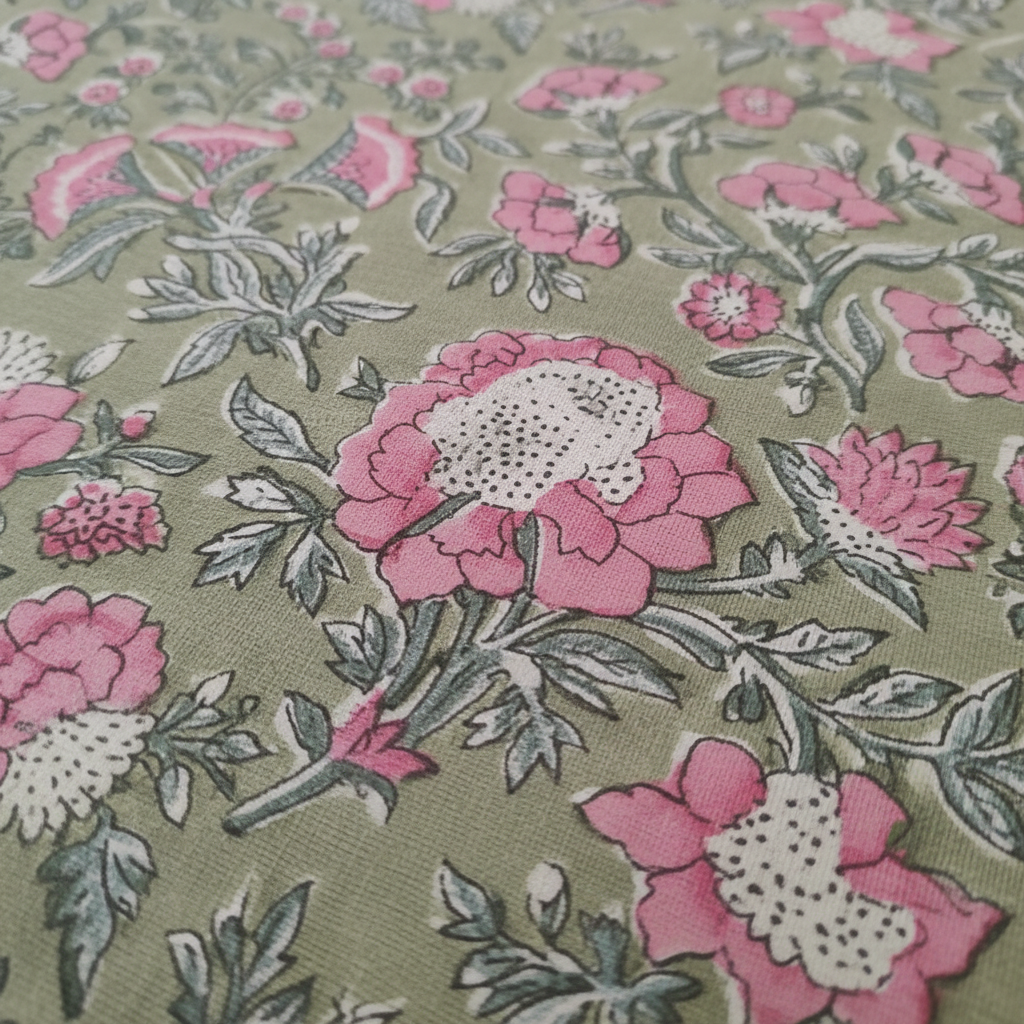 Pushanjali Olive Green and Pink cotton bedsheet, view 4