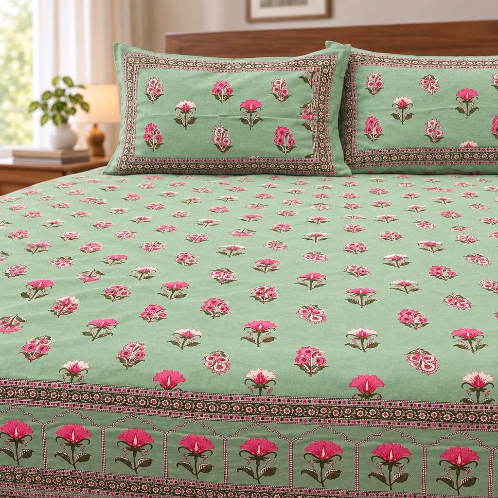 Sage-green floral bedsheet print close view
