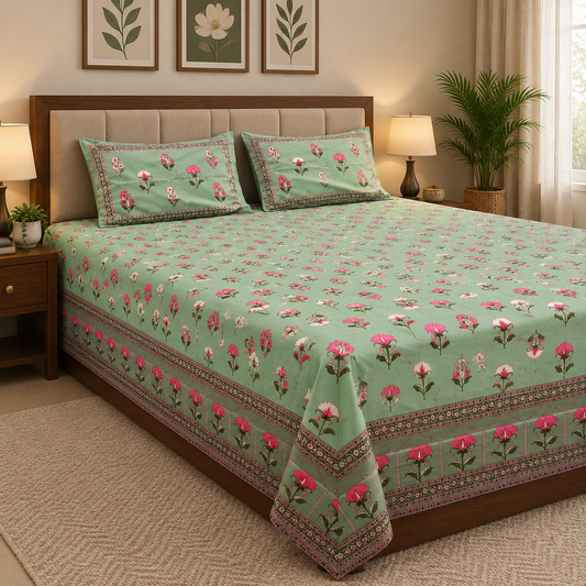 Taru Sage Green and Pink Floral cotton bedsheet, view 2