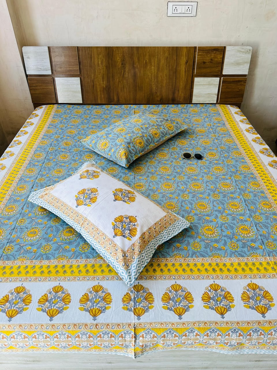 Veena- blue and yellow |Everyday 100% cotton bedsheet |king size