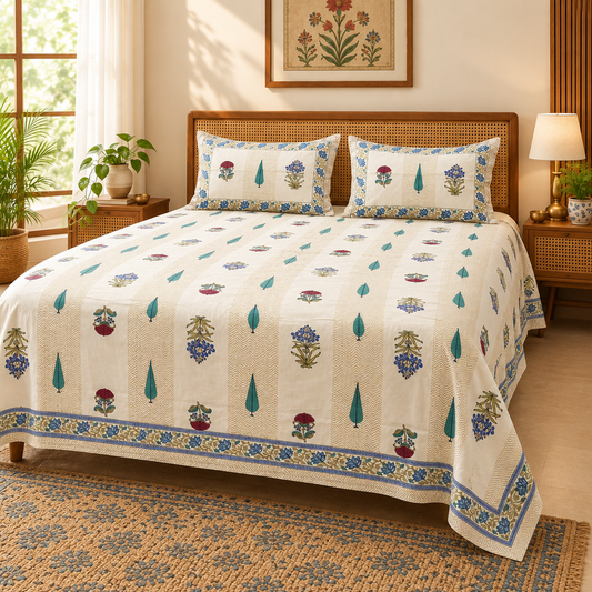Tarang Blue and Cream cotton bedsheet, view 2