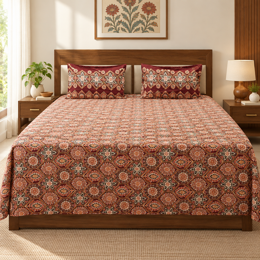 kalam -maroon |Discharge print Bedsheet | Super king size