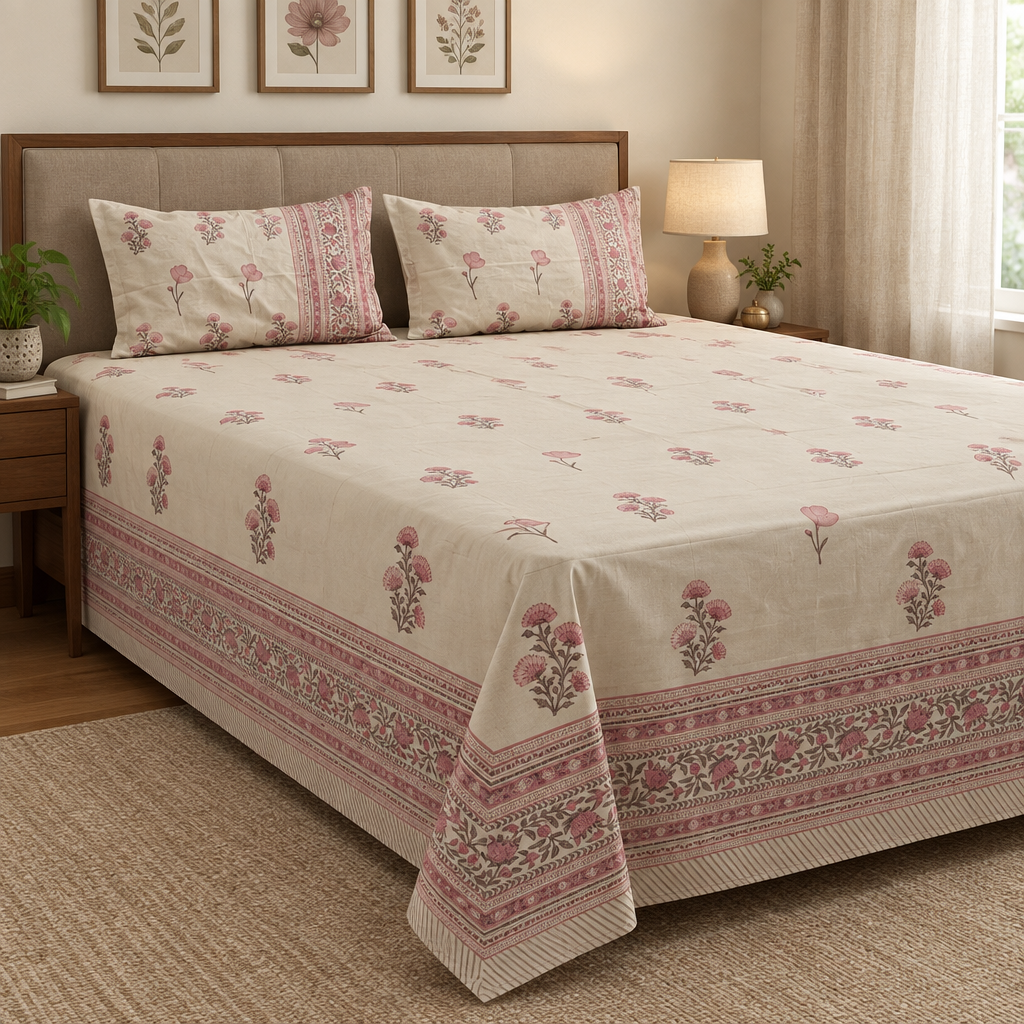 Kala - Pink | Percale Cotton Bedsheet | 400Tc | Hand Block