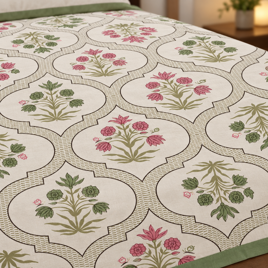 Abhilasha -Pink and Green |Everyday 100%Cotton | King Size Bedsheet