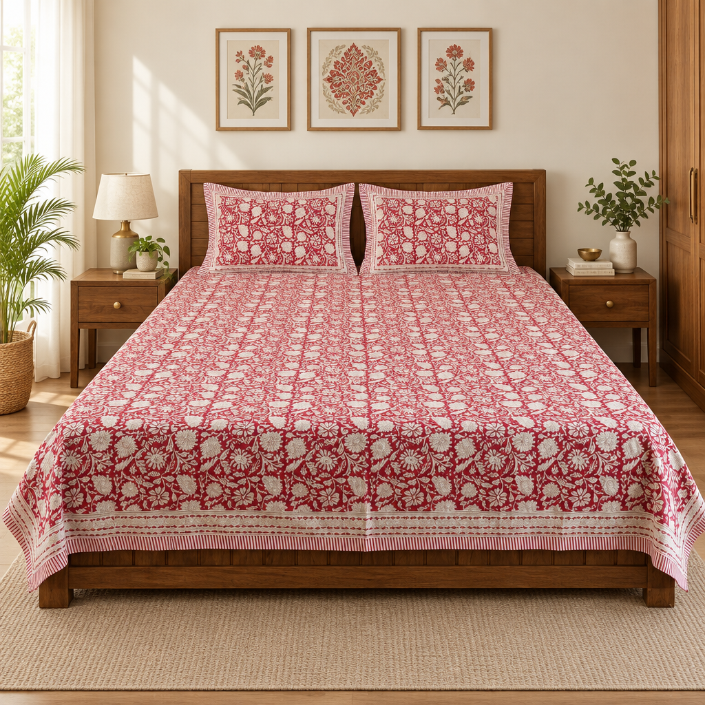 Kalakriti Red Floral cotton bedsheet