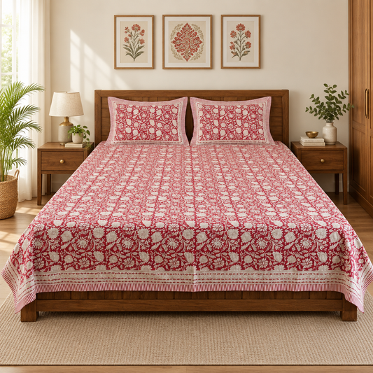 Kalakriti Red Floral cotton bedsheet