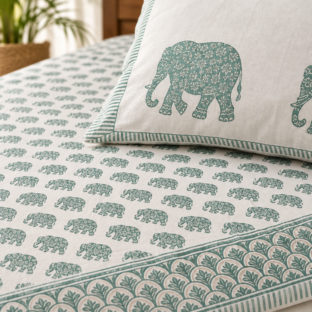 Mastani - Green Elephant Print Cotton Bedsheet | King Size