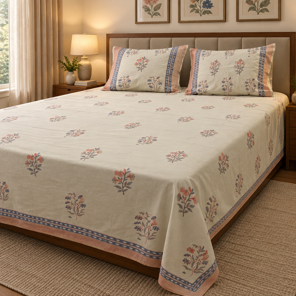 Sukh- Cream and Blue| Percale Cotton |Hand Block|SuperKing